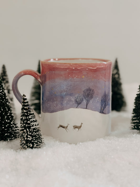 Leaping Doe Deer Winter Sunset Mug