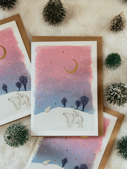 Polar Bear & Cub Winter Sunset Greetings Card