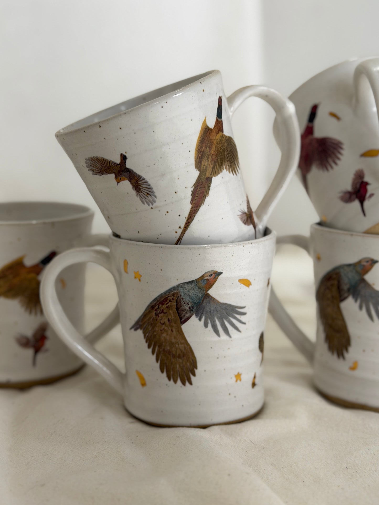 Set of ceramic mugs with bird illustrations on a white surface