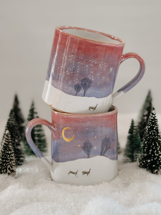 Leaping Doe Deer Winter Sunset Mug