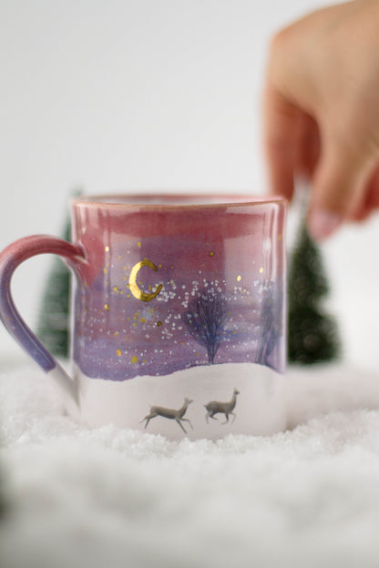 Leaping Doe Deer Winter Sunset Mug