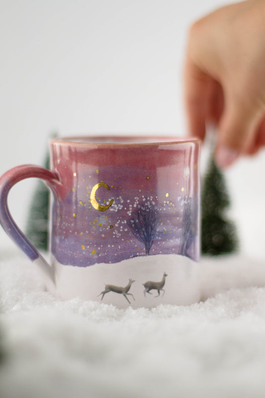 Leaping Doe Deer Winter Sunset Mug